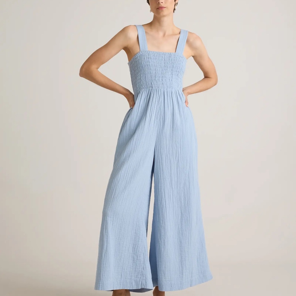 New Quince size L 100% Organic Cotton Gauze Smocked Wide Leg Jumpsuit